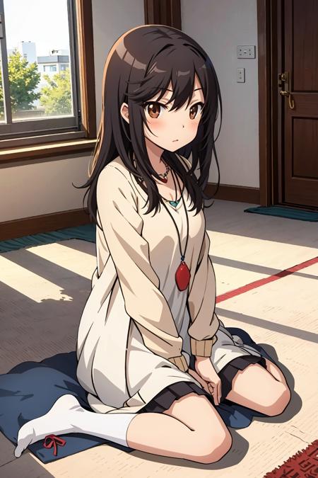 <lyco:ichijou_hotaru:0.8>ichijou hotaru, jewelry, sitting on the bed, necklace, white socks, dress, sweater, indoors, sitting, (wariza:1.2), carpet, sunlight,