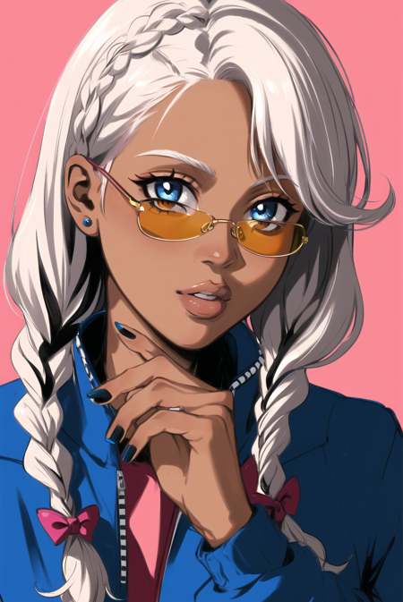 thisuserisalive,  masterpiece, best quality, 1girl, adjusting eyewear, alternate skin color, blue eyes, blue jacket, blue nails, braid, contemporary, dark-skinned female, dark skin, fingernails, grey hair, hand up, humanization, jacket, lips, long hair, looking at viewer, multicolored hair, nail polish, orange-tinted eyewear, parted lips, pink background, portrait, simple background, solo, sunglasses, tinted eyewear, togruta, twin braids, two-tone hair <lora:thisuserisalive_offset:1>