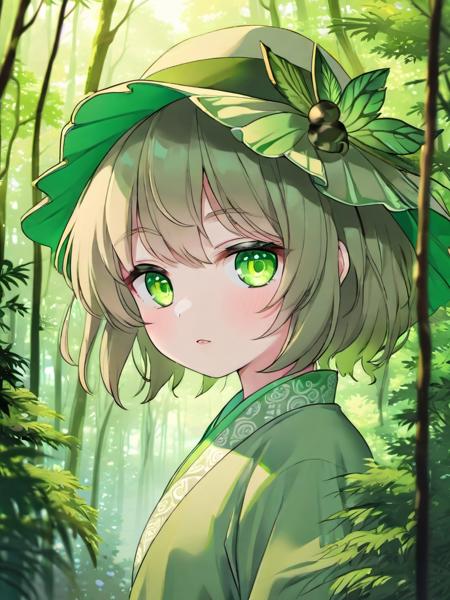 Medium view, girl focus, masterpiece, 1girl,high detail green eyes,delicate and beautiful face, exotic, mysterious forest, koishi