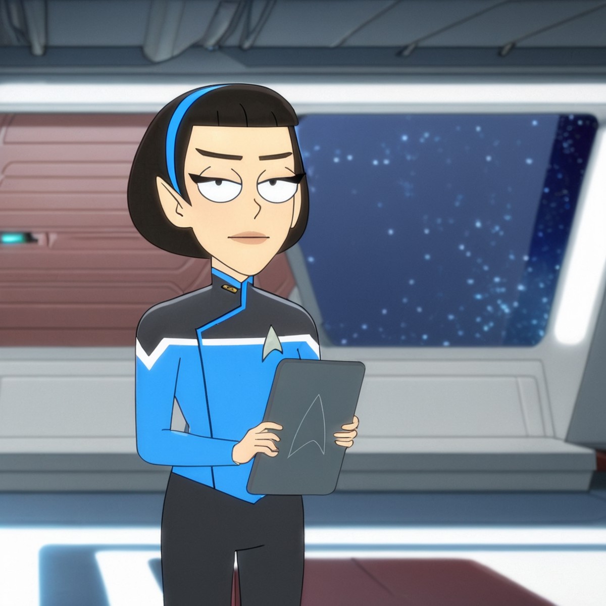 vulcan woman wearing blue starfleet uniform holding a tablet,space ship interior background