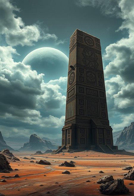 Image is a digital artwork depicting a surreal, otherworldly landscape. The central focus is a massive, monolithic structure resembling a weathered stone tower, intricately carved with geometric patterns and symbols. The tower stands amidst a barren, rocky terrain under a dramatic sky filled with swirling clouds. In the background, a large, partially obscured celestial body, possibly a moon or planet, looms over the horizon, adding to the scene's mysterious and alien atmosphere. The colour palette is dominated by earthy browns and greys, with subtle highlights of orange and blue, creating a sense of depth and scale. The overall composition is balanced, with the tower slightly off-centre, drawing the viewer's eye upward towards the sky and celestial body.