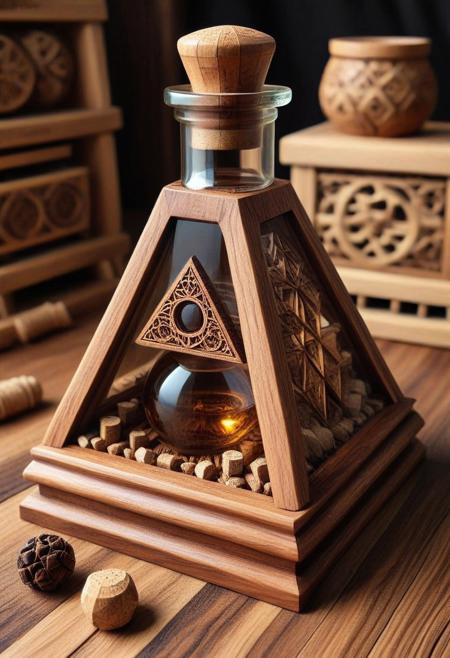hrdwdaf, wooden, <lora:hardwood_-_SDXL:0.7> (potion bottle made of hardwood:1.4),  pyramid bottle, elaborate, glass and wood, burning cork, flame potion within, (ultra realistic:1.3),  (masterpiece:1.2), best quality, intricate, extremely detailed, intricate, wood, (dark lighting:1.3), safe_pos