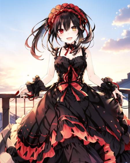 masterpiece, best quality,dynamic angle,(🌹 ), (🎍), clear sky, cloud,
1 girl, (heterochromia, red_eye,golden_eye,balck_hair,asymmetrical twintails,long hair),red_black_dress,lolita_dress,laughing,sleeveless, 
 <lora:kurumi:0.6>