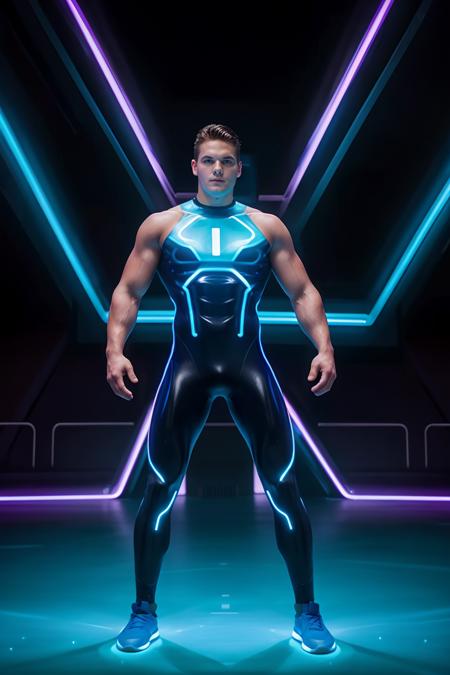 futuristic, neon lighting, (arena stadium in the Tron video game), CFBrent, wearing a Tron bodysuit, (dynamic pose), masterpiece, ((full body portrait)), photorealistic, wide angle <lora:CFBrent:0.8>