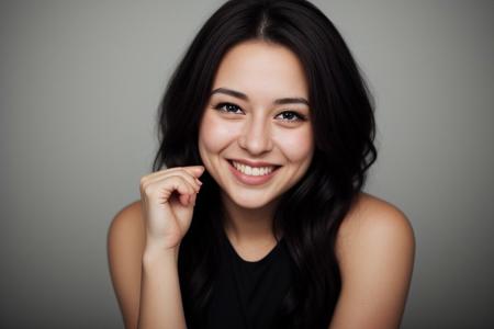 RAW photo, face portrait photo of beautiful 26 y.o woman, cute face, wearing black dress, happy face, hard shadows, cinematic shot, dramatic lighting