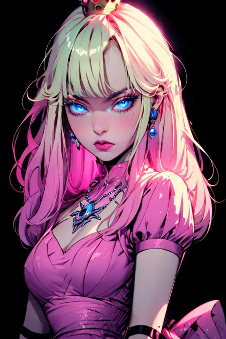 <lora:Minimalistic_Style:1>, black background, ((masterpiece,best quality)), absurdres, upper body,  pink glow,
<lora:princesspeach-lora-nochekaiser:1> princess peach, blonde hair, blue eyes, long hair, crown, dress, gem, gloves, pink dress, puffy short sleeves, puffy sleeves, short sleeves, white gloves,