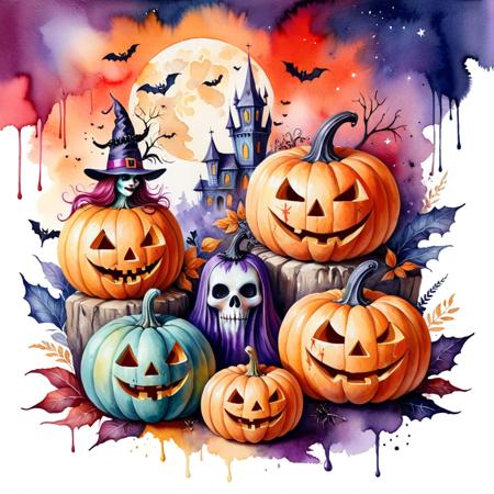 Watercolor painting <lora:FF-Halloween-Full:1> Halloween theme style <lora:Dalle3mixLoha:0.1> . Vibrant, beautiful, painterly, detailed, textural, artistic