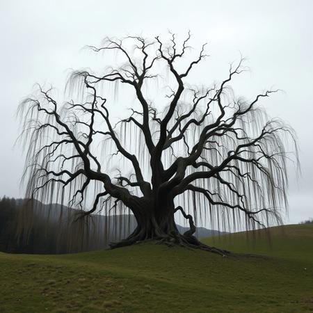 a massive dead willow tree in the middle of a hill, unique shape, asymmetrical, bad wheather