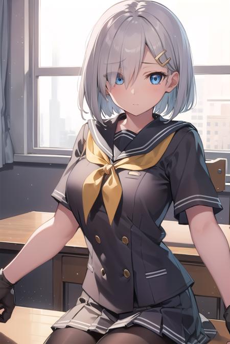 hamakaze, <lora:hamakaze-lora-nochekaiser:1>, 
hamakaze, blue eyes, grey hair, hair ornament, hair over one eye, hairclip, short hair, short hair,
BREAK black pantyhose, buttons, gloves, grey sailor collar, grey skirt, hairclip, neckerchief, pantyhose, pleated skirt, sailor collar, school uniform, serafuku, skirt, white gloves, yellow neckerchief,
BREAK looking at viewer,
BREAK indoors, classroom,
BREAK <lyco:GoodHands-beta2:1>, (masterpiece:1.2), best quality, high resolution, unity 8k wallpaper, (illustration:0.8), (beautiful detailed eyes:1.6), extremely detailed face, perfect lighting, extremely detailed CG, (perfect hands, perfect anatomy),