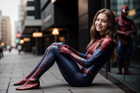 Marvel movies,full body,photo of a 18 year old girl,spiderman,sitting against a wall,happy,laughing,ray tracing,detail shadow,shot on Fujifilm X-T4,85mm f1.2,sharp focus,depth of field,blurry background,bokeh,lens flare,motion blur,<lora:add_detail:1>,