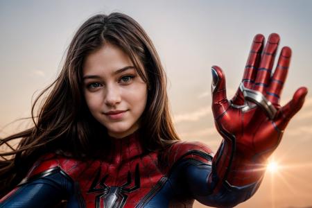 marvel movies,photo of a 18 year old girl,spiderman,high five,happy,ray tracing,detail shadow,shot on Fujifilm X-T4,85mm f1.2,sharp focus,depth of field,blurry background,bokeh,lens flare,motion blur,<lora:add_detail:1>,