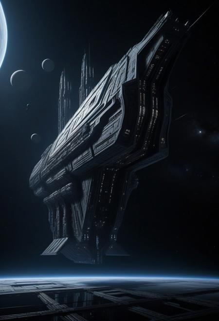 A colossal interstellar spaceship, a massive freighter with intricate, biomechanical designs reminiscent of H.R. Giger’s aesthetic. The ship features sparse, faintly glowing blue elements along its hull, emphasizing its alien and industrial nature. It drifts silently in the deep, dark void of space, with distant planets barely visible in the background, adding a sense of isolation and scale. The scene is shadowy and atmospheric, with a dark color palette dominated by blacks, grays, and muted metallic tones. The lighting is minimal, creating a mysterious and foreboding ambiance. Negative: no resemblance to Star Wars, no bright or flashy elements, no heroic or fantastical designs
