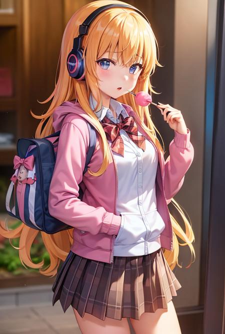 tenma_gabriel, headphones, 1girl, lollipop, food, candy, hood, hand_in_pocket, skirt, plaid, headphones_around_neck, plaid_skirt, solo, hoodie, hood_down, holding_lollipop, dango, holding, holding_food, simple_background, wagashi, looking_at_viewer, holding_candy,
((8k, RAW photo, highest quality, masterpiece), High detail RAW color photo professional close-up photo, (realistic, photo realism:1. 37), (highest quality)  <lora:gabriel_v1:1>