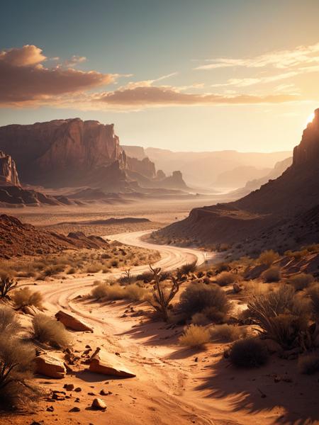 digital illustration of abandoned desert land canyon landscape view environment, Cinematic photography, movie mood, cinematic light, compelling composition, storytelling elements, conveys emotion, mood, and narrative depth, creating visually striking images that feel like still frames from a film