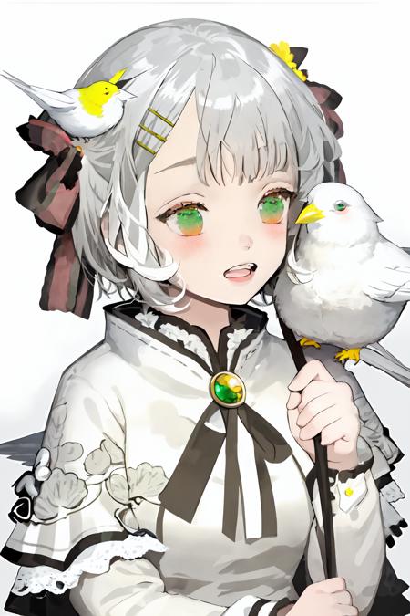 1girl, solo, blush, short hair, open mouth, simple background, hair ornament, long sleeves, white background, ribbon, green eyes, hair ribbon, upper body, white hair, grey hair, teeth, hairclip, fur trim, capelet, bird, animal, one side up, animal on shoulder, bird on hand, bird on shoulder,
 <lora:karohroka:1>