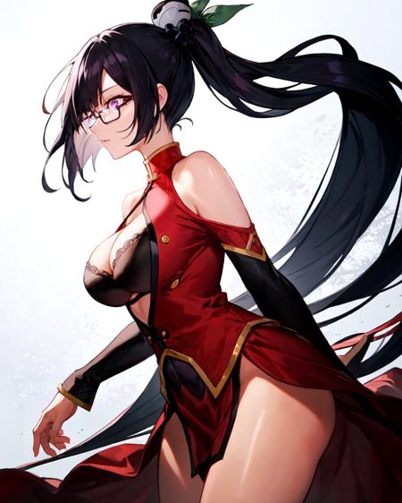 masterpiece, best quality, 1girl, solo. <lora:LitchiV2-768:0.8>, litchi faye ling, purple eyes, glasses, ponytail, black hair, hair ornament, cleavage, china dress, chinese clothes, beautiful eyes, mature female, assertive female, profile,