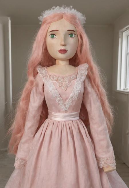 PonyScores, available light, wooden, nutcracker girl, cute, pink hair, green eyes, front view, masterpiece, beautiful makeup, green long dress, beautiful dress