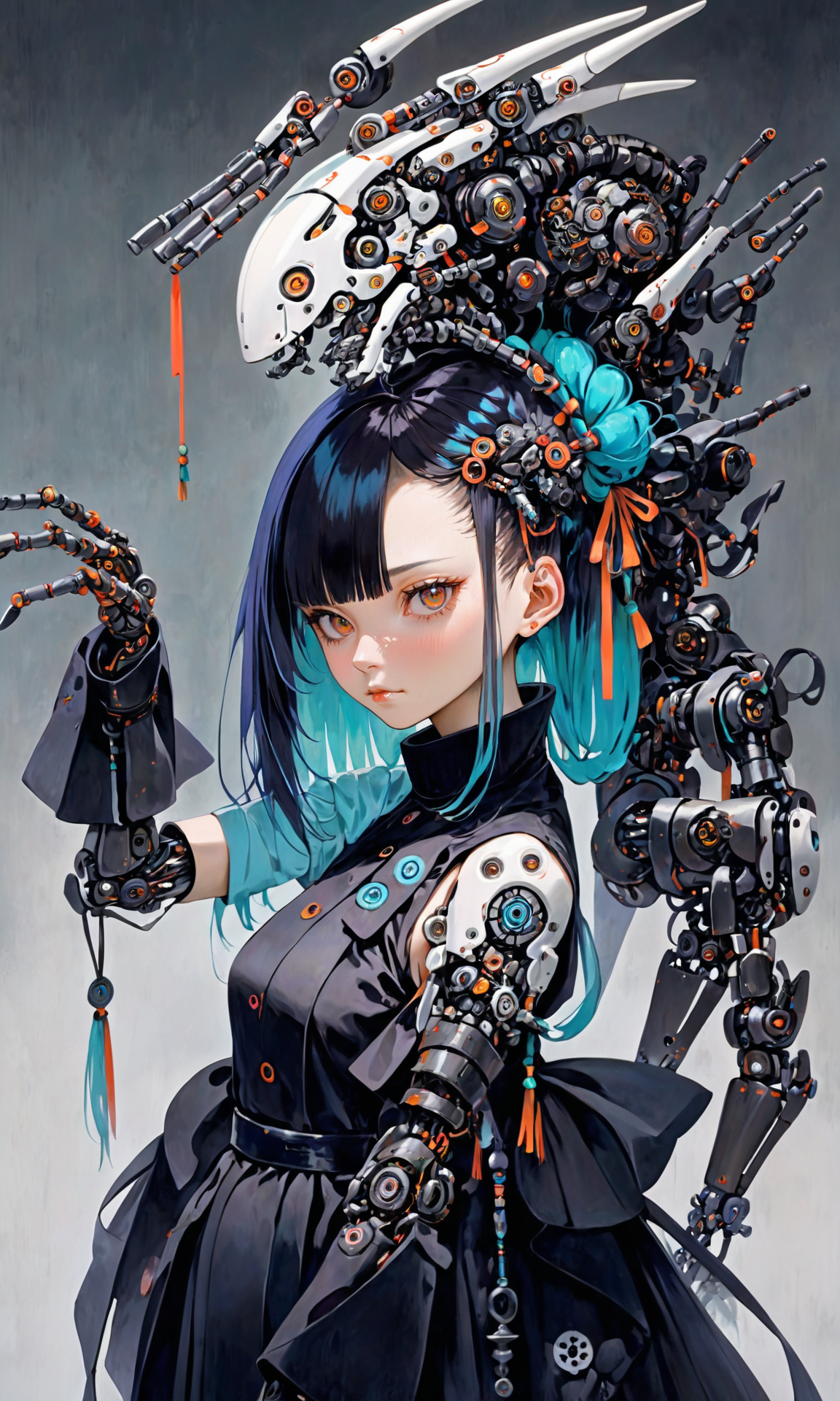 Woman, Witch hunter, hyper detailed, Japanese hairstyle, Surreal Robotic Arms