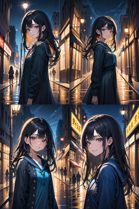 1girl, solo, teen, cowboy shot, (depth of field:1.2), (night), downtown, (street light:1.1), (Fantastic lighting), looking at viewer, (school uniform), black hair, long hair, [smile], (Closed mouth)