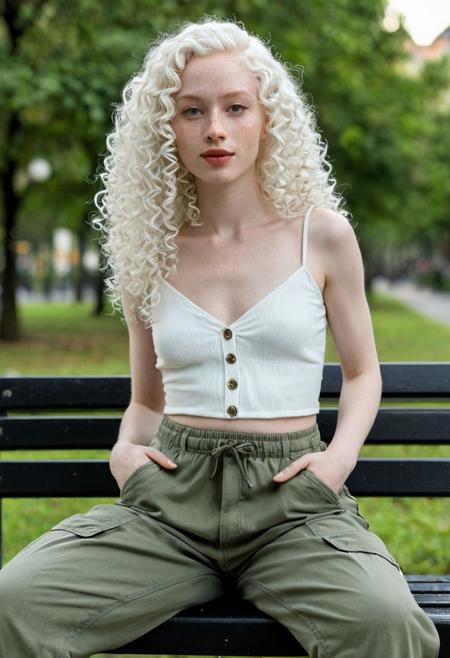 portrait, close_up, woman, 25 years old, ALBINO, mestiza from Brazil, diamond_shaped face, big gray eyes, freckles, full lips, protruding ears, white curly long hair, slim body, long legs, bell_shaped breasts, wearing baggy olive-green cargo pants, cropped top, drinking take_away coffee on a public bench, early morning, sexy, flirty, model_posing, professional photo, 8k, shallow depth of field, artistic composition, perfect light,
