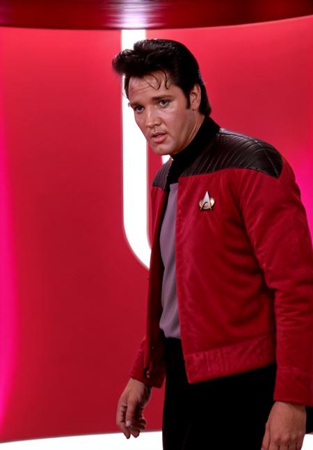 elvis presley in cptvrn jacket, standing in enterprise beam chamber,8k uhd, dslr, soft lighting, high quality, film grain, higly detailed face,ultra detailed,masterpiece quality,Fujifilm XT3<lora:TNGV2:0.7>