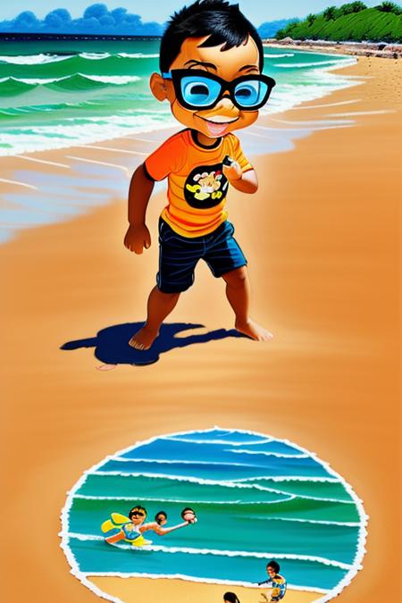 guttonerdinho01,  (((cartoon))), (((Chibi))), a detailed drawing of a boy at the beach. The boy is barefoot and walking with his feet in the water. The drawing should capture the intricacies of the scene, including the textures of the sand and water, as well as the expression on the boy's face. The focus should be on creating a realistic and engaging portrayal of this simple yet joyful moment at the beach.