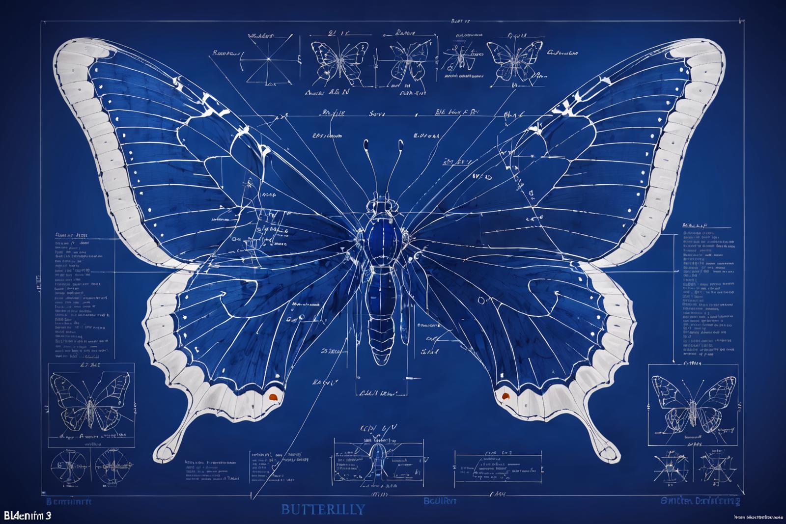 Blueprint of a butterfly showing its wings and anatomy