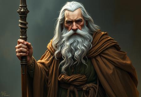 Create a highly detailed, cinematic digital painting of a majestic, elderly wizard inspired by Sean Harris's portrayal of the character. The artwork should blend the mystique of Solarpunk, the elegance of Lord of the Rings, and the intricate details of Milton Menasco's, Jean Moebius Giraud's, and Artgerm's styles. The wizard should wear long, flowing brown robes and hold a staff, exuding an aura of mystic shepherding. Incorporate oil painting techniques and maintain sharp focus throughout. Ensure the artwork is symmetrical, with an emphasis on the upper body and headshot, akin to a character concept art piece for D&D. The final image should be of high quality, suitable for trending on Artstation and evoking a sense of fantasy. Refer to previous outputs and build upon the generated context to refine the artwork. Iterate and refine the piece until it meets the desired level of detail and realism.