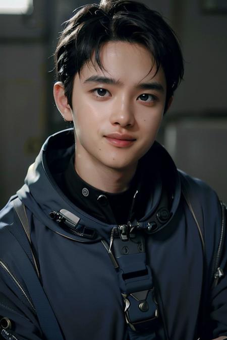 1boy,kyungsoo,(smile,open mouth),solo, happy,(streamlinerai space suit, stylized),muscle,(blue glowing lights, futurism, clean edges, Tinted windows), necktie,sexy pose,full body,young boy,black hair,(HDR, 8K, absurdres, highly detailed, best quality, masterpiece, ultra-high res, photorealistic, looking at viewer, realistic face, huge filesize, highres, absurdres, (64k ultra hd:1.1),professional photography, Canon EOS 5D mark iv,<lora:Kyungsoov1-000004:1>