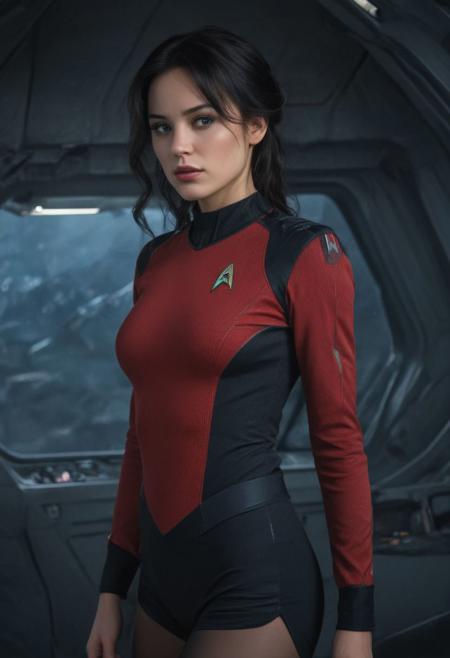 Starship Star Trek Enterprise officer, masterfully translated into a Star Trek style uniform combining elements of red and black, resolute attitude,  her uniform placed prominently on the bridge of the starship. Rendering in the genre of a hyper detailed character concept art by Artgem reminiscent of attractive girl beauty, her black wavy hair cascading onto her shoulders, sparking a dramatic allure, paired suspenseful atmosphere, cinematic lighting, Atrractive 21 years old woman, attractive, 8k resolution concept art portrait by Greg Rutkowski