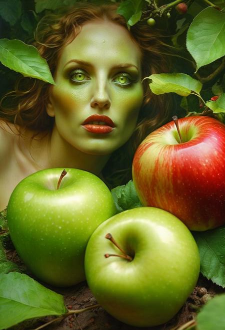 The fall of Eve in the Garden of Eden with serpant and apple, green eyes, look of guilt, Low saturation color photography, vintage, grunge, top light, masterful painting in the style of Anders Zorn | Marco Mazzoni | Yuri Ivanovich, Todd McFarlane, Aleksi Briclot, oil on canvas