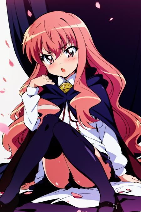 louise zero default, louise francoise le blanc de la valliere, <lora:Louise Zero_v0.2:1>, 1girl, solo, black thighhighs, pink hair, pentacle, petals, long hair, pink eyes, cape, mary janes, shoes, zettai ryouiki