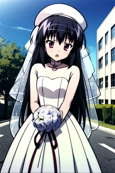 1Girl,Solo,(((wedding_dress))),Long_ Hair,Open_ South,Black_ Hair,Long_ Sleeps,Hat,Ribon,: o,Building,<lora:雨宫优子:0.8>,