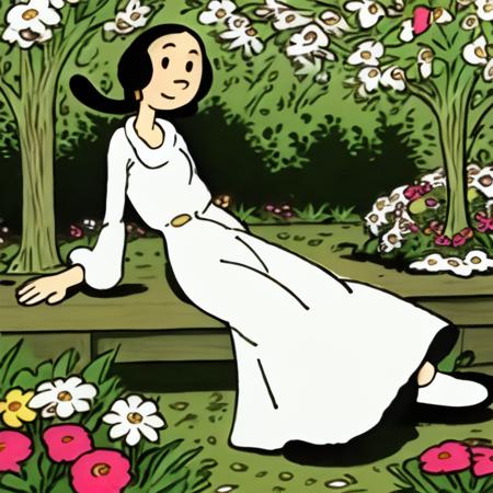 <lora:popeye:0.7> a olive girl, wearing white dress,  garden  full of flowers