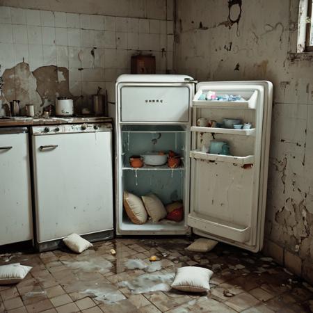 A conceptual art installation placed inside a minimal, abandoned kitchen space. The centerpiece is a retro-style SMEG refrigerator with its door wide open, revealing several large, plush pillows hanging from the interior shelves. The pillows are soaked and visibly dripping water onto the worn tile floor, forming small puddles around the refrigerator’s base. The vintage refrigerator contrasts with the decaying kitchen, creating a surreal atmosphere that suggests neglect, emotional overflow, and domestic dissonance. Photographed in high detail, centered composition, 1:1 aspect ratio.