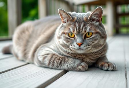 a close-up photograph of a Scottish Fold cat lying on a wooden surface, the cat is a medium-sized breed with a soft, silky coat of grey fur, characterized by vertical, horizontal stripes of varying shades of grey, its eyes are bright yellow, with a serious, focused expression, and its nose is slightly upturned, giving it a sultry appearance, its ears are small and pointed, and it has a small, pinkish-brown patch on its forehead, the background is blurred, but it appears to be an outdoor setting with greenery and a hint of a wooden structure, possibly a bench or a table, in the distance, the wooden surface is weathered and has a light gray color, with visible grain patterns, the overall mood of calm and serene, with the cat positioned slightly off-center, making it the focal point of the image, the lighting is soft and natural, enhancing the texture of the wood and the cat's fur, a close-up portrait of a cat, captured in a relaxed pose on a wooden deck. The cat's fur is a mix of gray and white stripes, with its eyes being a striking shade of amber. The background is blurred, emphasizing the cat as the main subject, and the deck appears to be made of dark wooden planks. The overall style of the image is candid and natural, capturing the essence of the cat in its environment, credit to lo_fi