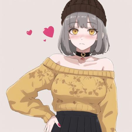 <lora:Jutofe_Akasonu:1.0>, 1girl, bandaid, bandaid on nose, bangs, beanie, black choker, blush, breasts, brown headwear, brown skirt, choker, closed mouth, collarbone, eyebrows visible through hair, floral print, grey hair, hat, heart, highres, long sleeves, looking at viewer, mamyouda, medium breasts, nail polish, off-shoulder sweater, off shoulder, pleated skirt, print skirt, ribbed sweater, short hair, sidelocks, signature, simple background, skirt, sleeves past wrists, solo, sweater, white background, white sweater, yellow eyes, yellow nails