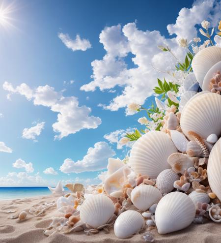 delicate scene, sky,white clouds,and sunlight shine, white beach. flowers roses and shiny large shells, diamond crystal, on the beach, fantasy, sky night , moon, smoke , photo, HD, 8K , realistic, HD,  intricate, 8k, highly detailed,fun, sharp focus,