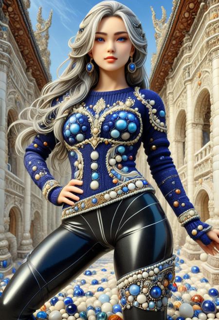 (marbles:2.2), Cambodian woman, asian features, long hair, small waist, She has long voluminous flowing two-tone hair, hair with striking unrealistic beauty. red lips, the skin has tiny imperfections like pores, faint freckles, and slight skin texture variations to add realism. Realistic lip texture with soft lines, slight gloss, and natural color variation. Realistically detailed tear ducts, slightly moist, enhancing the natural appearance of the eyes. Faint, barely visible veins under the eyes, adding depth and authenticity to the skin. Individually rendered eyebrow hair s with natural variation in direction, length, and thickness. Variation in hair strand thickness, with some thinner and finer than others, Gothic castle made of marbles, lively, luminescent, fully dressed, (castle:1.4), (outdoors:2), CLOTHED, hands behind the head, her agile pose proves her ability to be athletic, dynamic pose, semi side view, rmbhymabdgf, (sweaterdress made of marbles:1.8), (long pants made of marbles1.8), A2, \(nier:automata\)/,(ultra HD quality details), blue eyes, large blue eyes, white hair, straight hair, long hair, pale skin, beautiful face, cute, android, joints, elbow gloves, elbow gloves, black gloves, black boots, pants tucked into boots, (long pants:2), (fully dressed:2), (completely dressed:2).