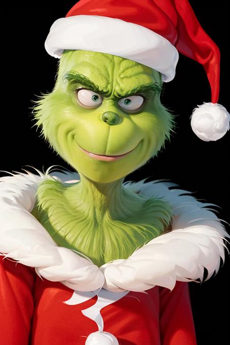 ((masterpiece,best quality)), absurdres,
<lora:Grinch_v2:0.8>, Grinch, 
Grinch_Classic, simple background, 1boy, hat, upper body, male focus, black background, christmas, santa hat, santa costume