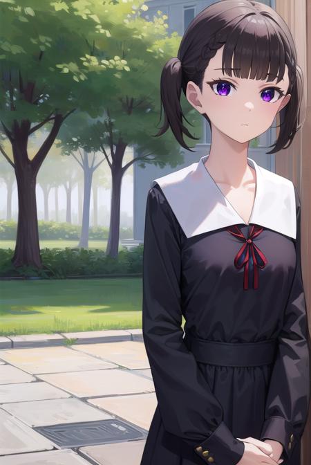 makishijou, <lyco:makishijou-lyco-nochekaiser:1>,
maki shijou, bangs, blunt bangs, (purple eyes:1.1), twintails, two side up, braid, short twintails,
BREAK long sleeves, dress, ribbon, school uniform, black dress, red ribbon, neck ribbon, collared dress, shuuchiin academy school uniform,
BREAK outdoors,
BREAK looking at viewer, (cowboy shot:1.5),
BREAK <lyco:GoodHands-beta2:1>, (masterpiece:1.2), best quality, high resolution, unity 8k wallpaper, (illustration:0.8), (beautiful detailed eyes:1.6), extremely detailed face, perfect lighting, extremely detailed CG, (perfect hands, perfect anatomy),