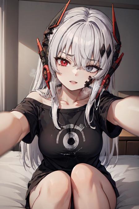 white hair, long hair, headgear, hair ornament, facial mark, heterochromia, red eyes, grey eyes, black t-shirt, curvy, bed, oversized shirt, off-shoulder
BREAK (naughty face:1.3), parted lips, heavy breathing, high-rise apartment, hug, foreshortening, incoming hug, medium breasts
<lora:alpha-21:1>