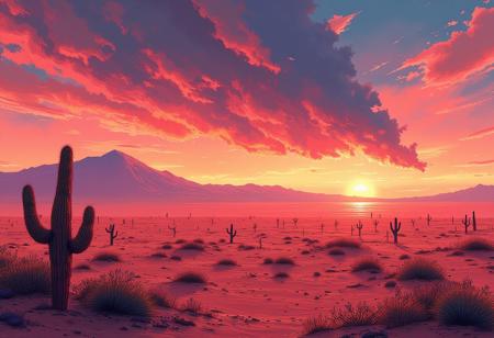 illustration in the style of Alena Aenami, the vast desert plain at the evening, a few cactuses, a mountain far away, the large sandstorm cloud approaches