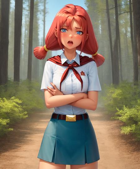 (us:1.1), 1girl, blue eyes, solo, twintails, open mouth, skirt, looking at viewer, breast pocket, shirt, belt, outdoors, tree, blush, short sleeves, collared shirt, blue skirt, white shirt, red neckerchief, grass, low twintails, nature, forest, cowboy shot, pink hair, long hair, bangs, crossed arms