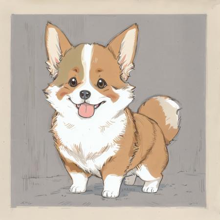 Raw,illustration,(muted color,partially colored:0.8),hand_drawn,detailed linear hatching\(texture\),official art,recolored,flat color,
cute corgi