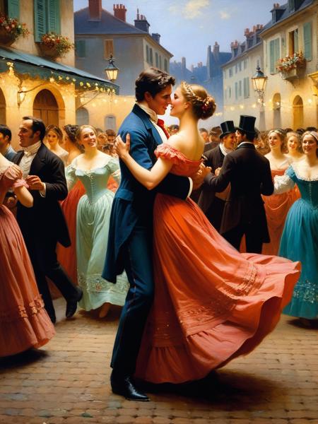 <lora:07RomanticismArt_Hap_XL:3.1>, romanticism oil painting,   dance, crowd, outdoor, social gathering, evening, lights, festive, romanticism oil painting, people, couples, movement, lively, colorful, celebration, French, 19th century, artistic, party, joyful, classic art,