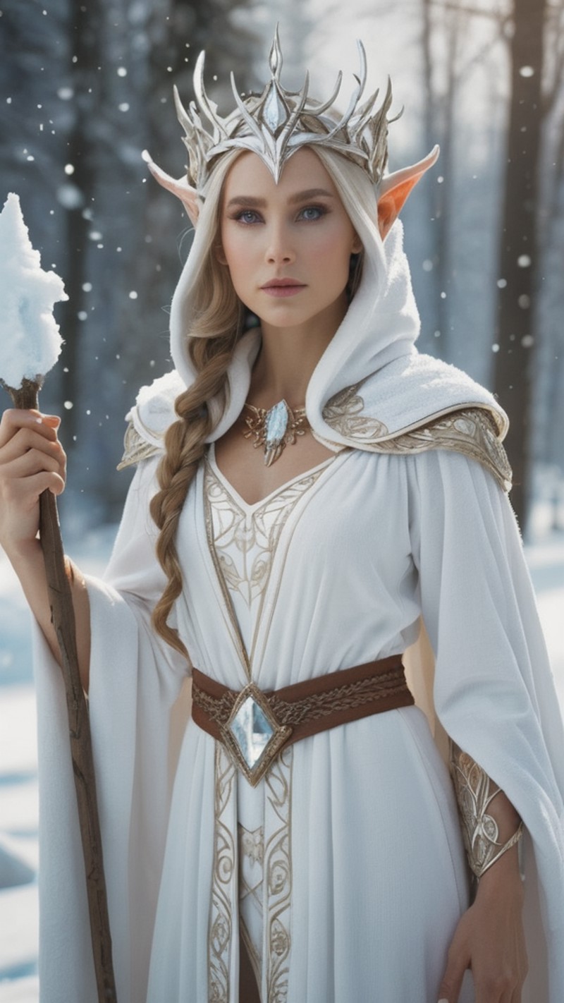 an elf queen, wearing a white robe, surrounded by snow, fantasy