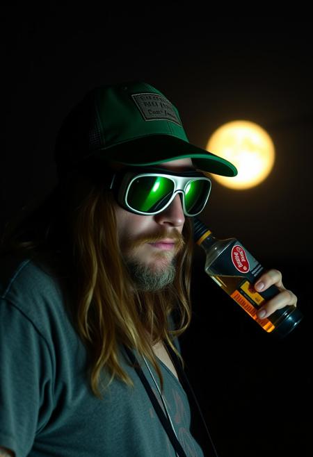 cardboard "Out of buzz right now—could really use your help to get back on track. Thanks!" by side a vagabond, intoxicated, drunk. Goggles john lennon style, long hairs, tattoo. green trucker cap. dark halley light only from the full moon in bkg
