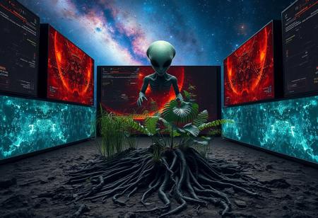 A ground   surrounded by large screens, with  plants roots fillaments .  cosmos background with  a alien creature in space.