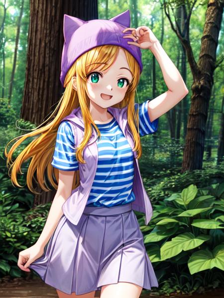 best quality, masterpiece, highres, detailed, perfect anatomy,  <lora:Detail - add_detail:0.2>, orimotoizumi, purple vest, striped shirt, beanie, cat hat, green eyes, small breasts, long skirt, 1girl, forest, excited, hearts,  <lora:Izumi-10:0.8>,